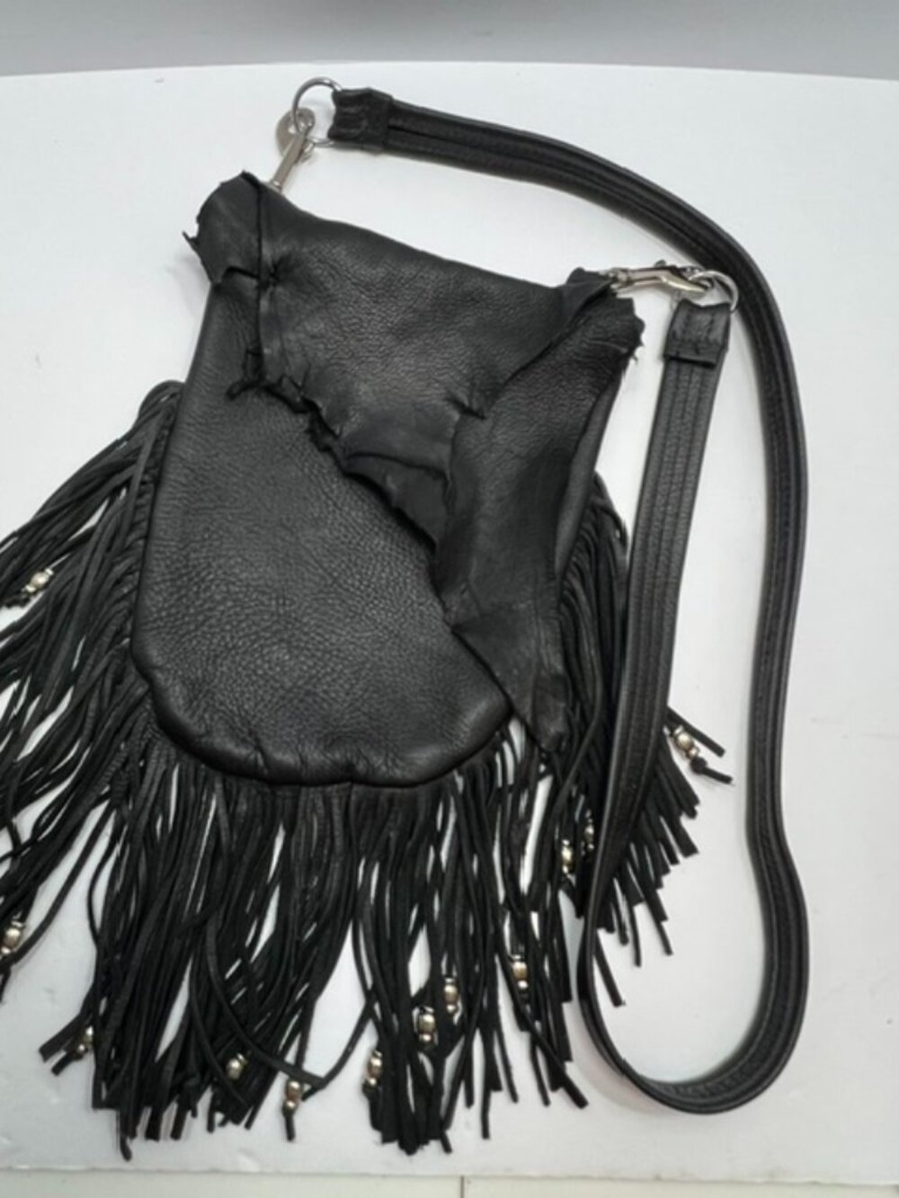Hand Crafted Leather Ladies Fringed Biker Hip Bag w/Detach Crossbody Strap Black - Picture 5 of 8
